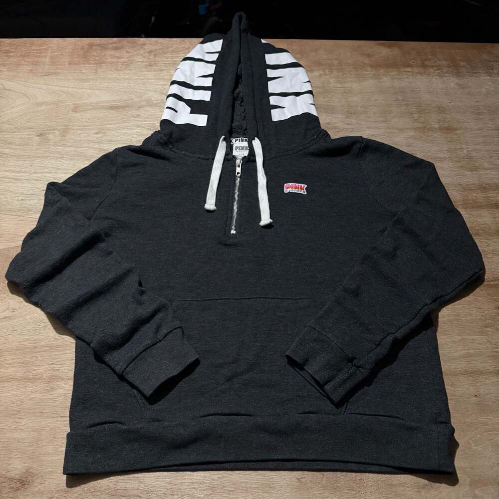 Victoria's Secret PINK Black Half-Zip Hoodie White Logo Hood and Patch Size L
